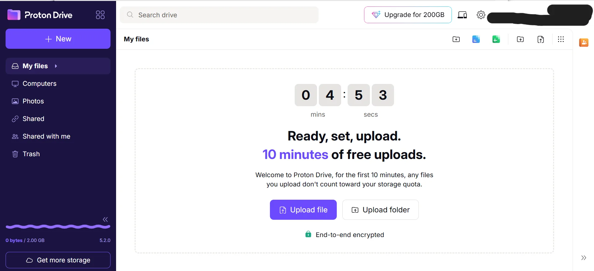 Proton Drive onboarding screen showing 10 minutes of free uploads